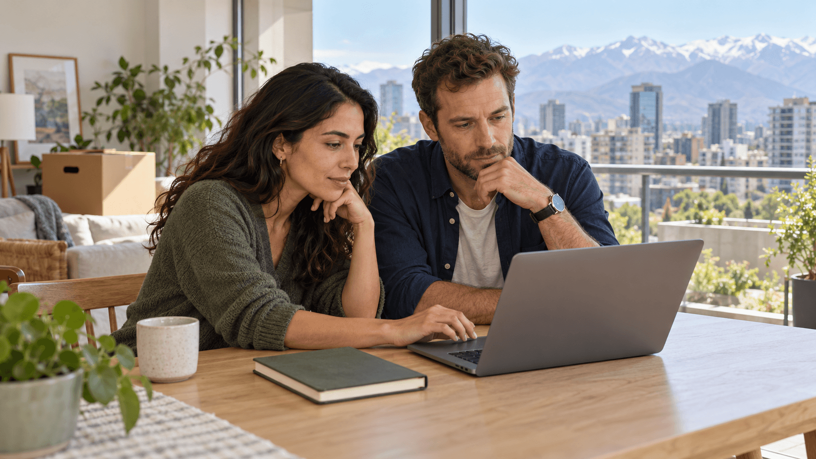 Dos profesionales revisan información en un computador en un departamento con vista a Santiago y la cordillera.